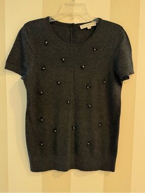 Loft Women’s Short Sleeved Charcoal grey Sweater With Beads Size Medium